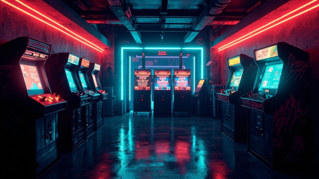 Illustration of a neon-lit retro arcade interior