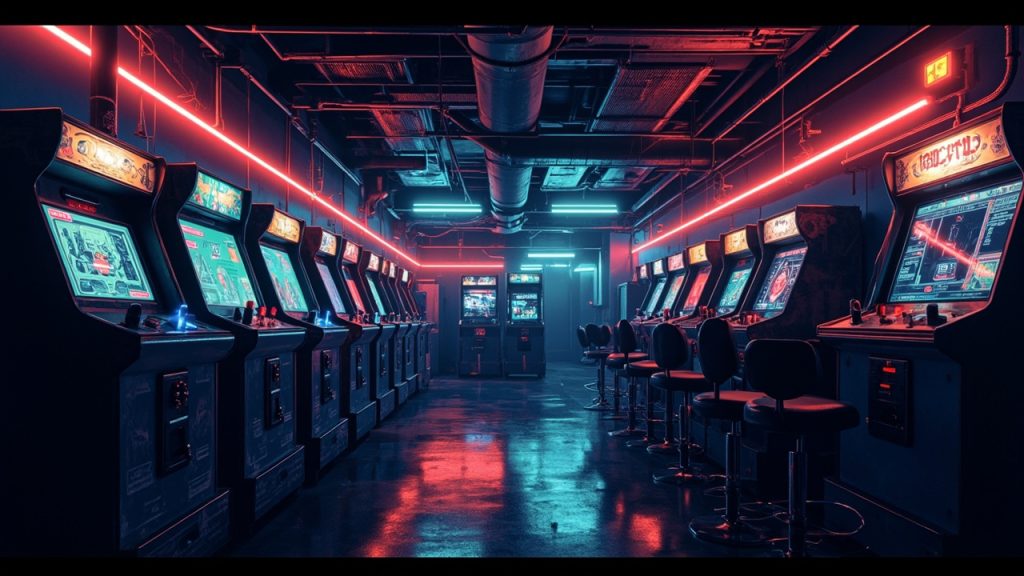 Illustration of a neon-lit retro arcade interior