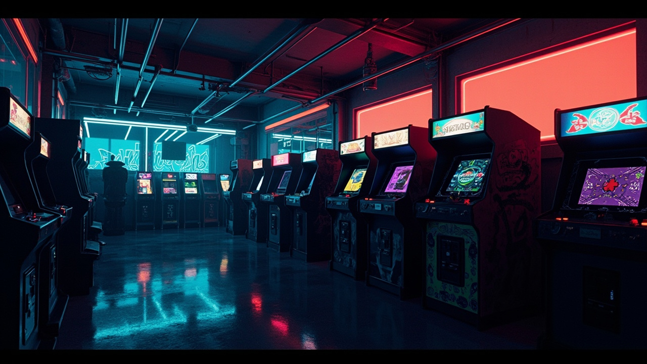 Illustration of a neon-lit retro arcade interior