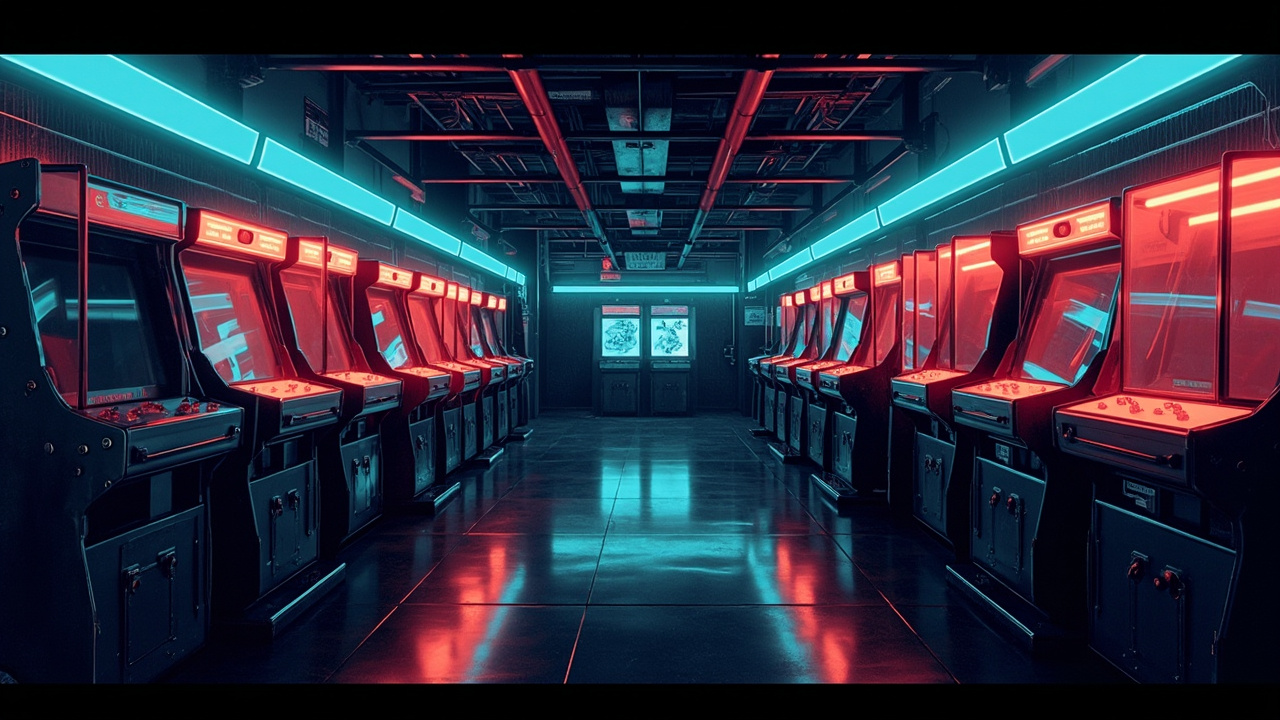Illustration of a neon-lit retro arcade interior