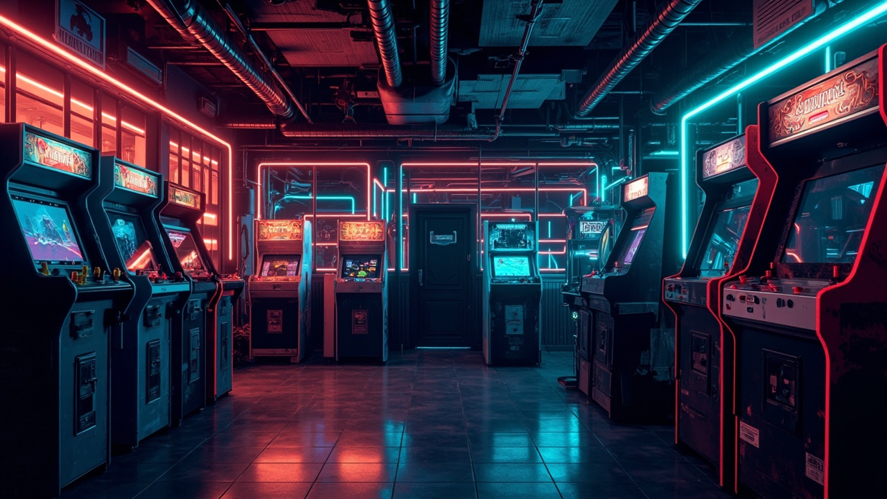 Illustration of a neon-lit retro arcade interior