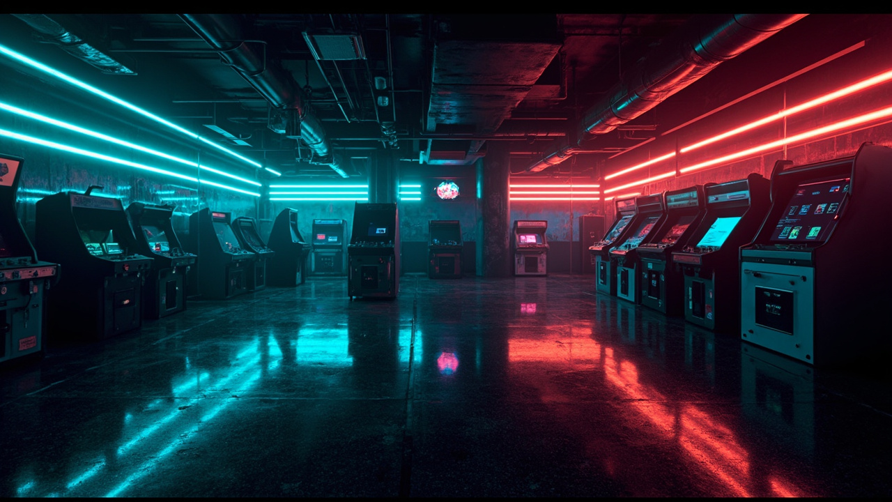 Illustration of a neon-lit retro arcade interior