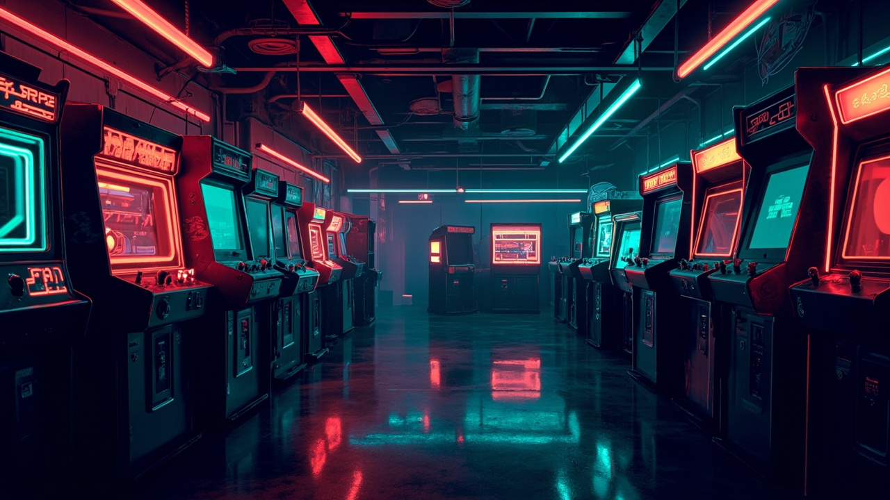 Illustration of a neon-lit retro arcade interior