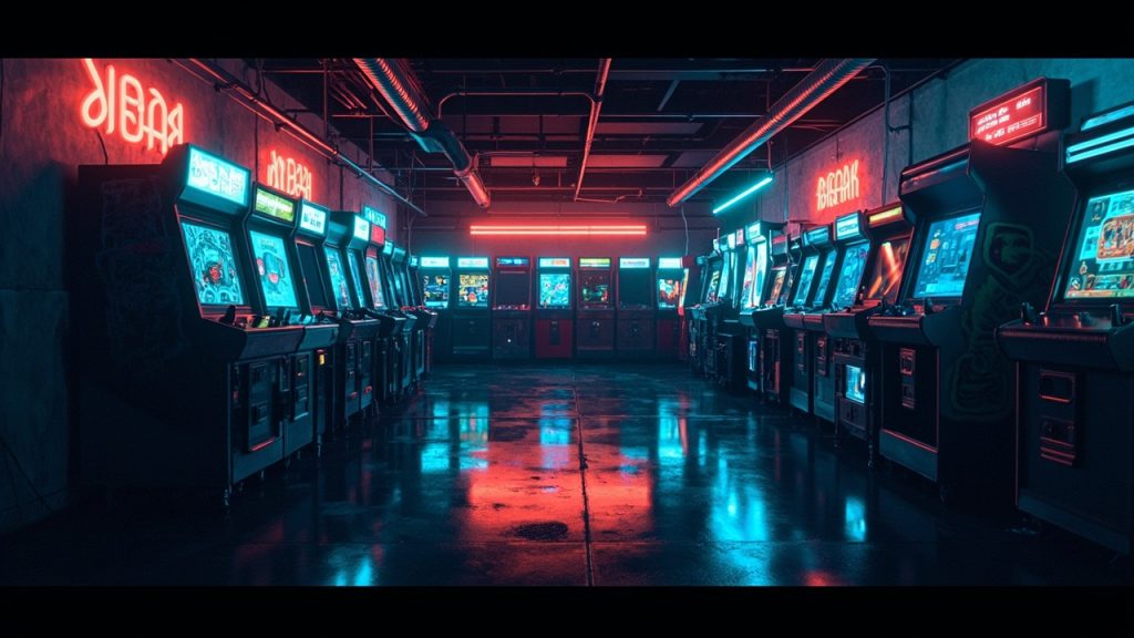 Illustration of a neon-lit retro arcade interior