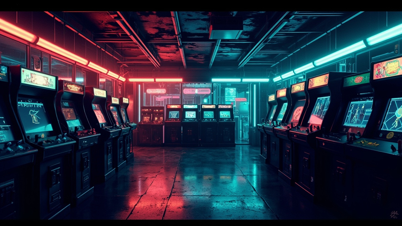 Illustration of a neon-lit retro arcade interior