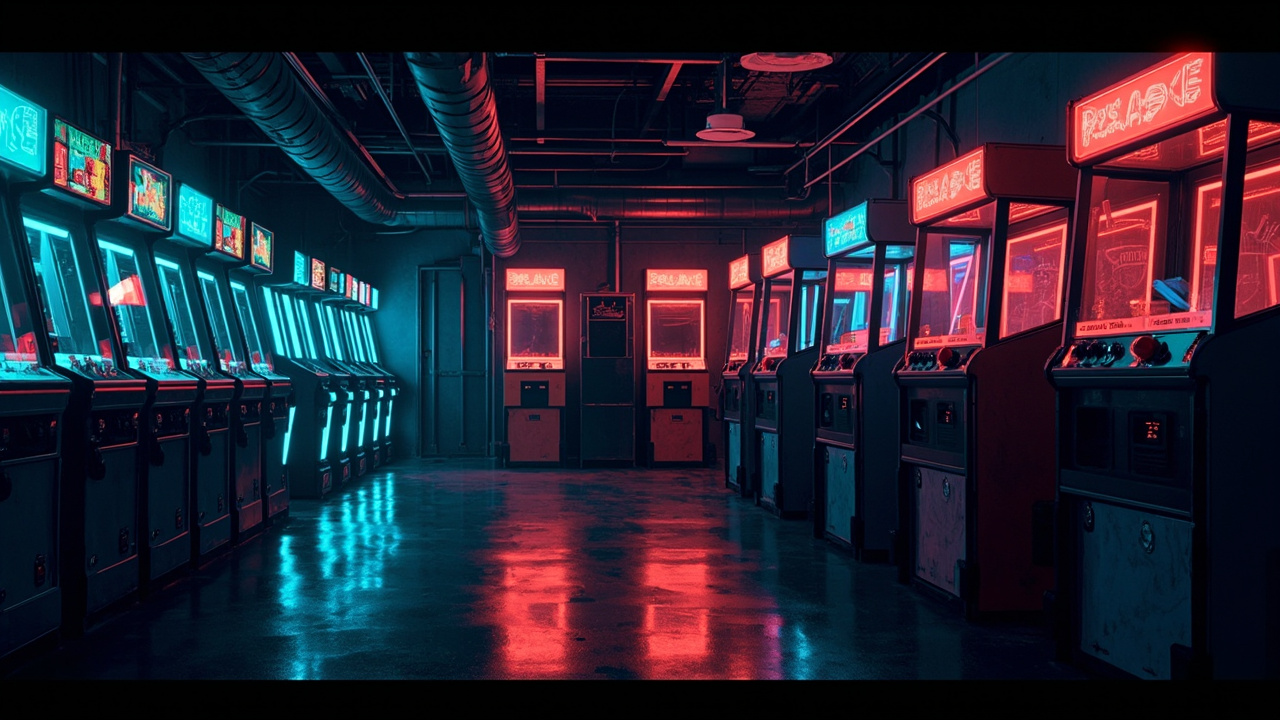 Illustration of a neon-lit retro arcade interior