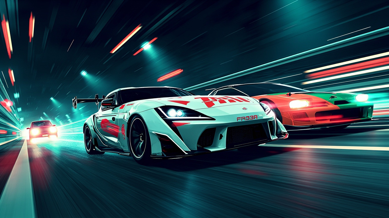 Illustration: A white sports racing car with red and green graphics races alongside another vehicle on a paved track.