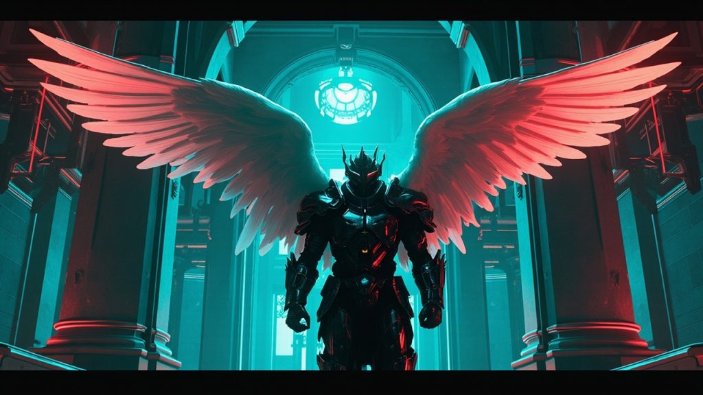 Illustration: An armored figure with large white feathered wings stands within an ornate interior featuring stone arches and gold-trimmed architectural details.