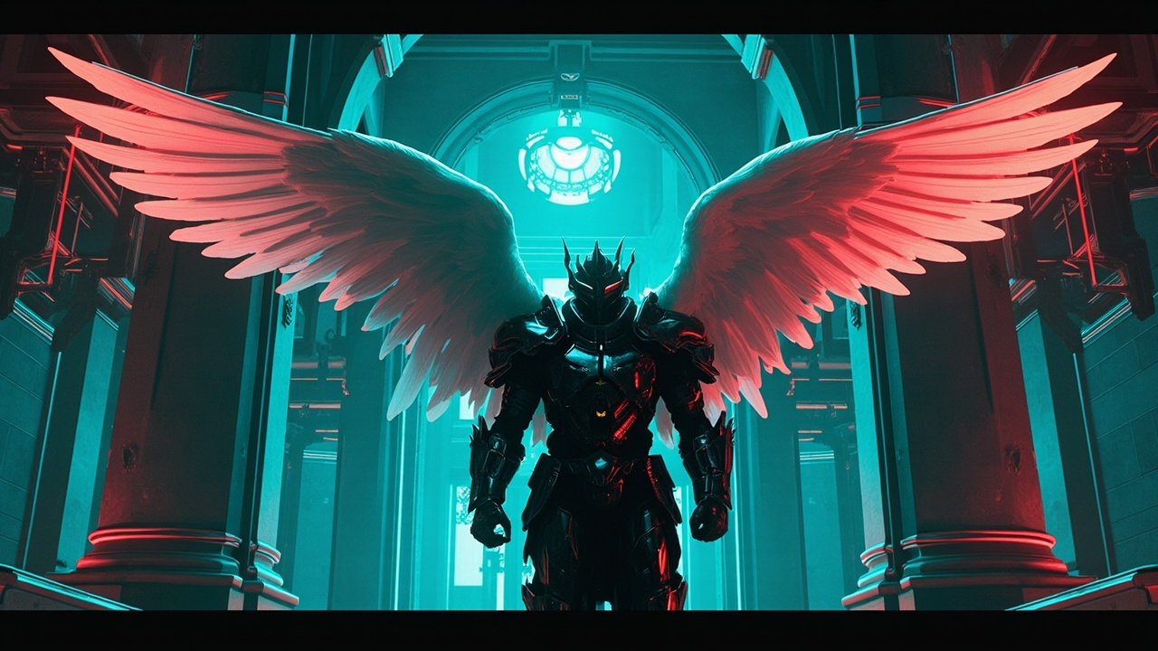 Illustration: An armored figure with large white feathered wings stands within an ornate interior featuring stone arches and gold-trimmed architectural details.