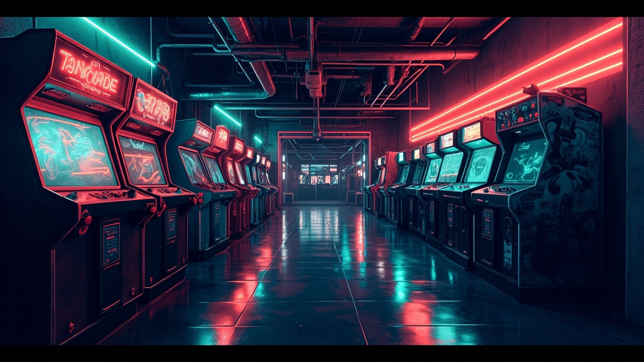 Illustration of a neon-lit retro arcade interior