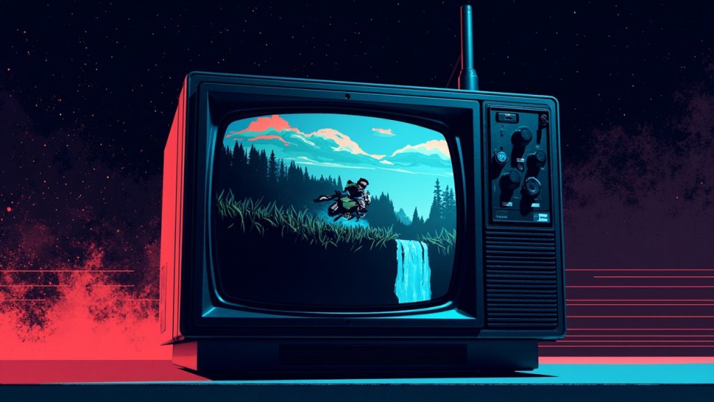 Illustration: A CRT television displays a video game scene featuring a character riding through a grassy area near a stone wall and waterfall.