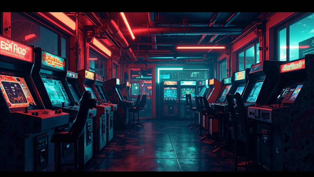 Illustration of a neon-lit retro arcade interior
