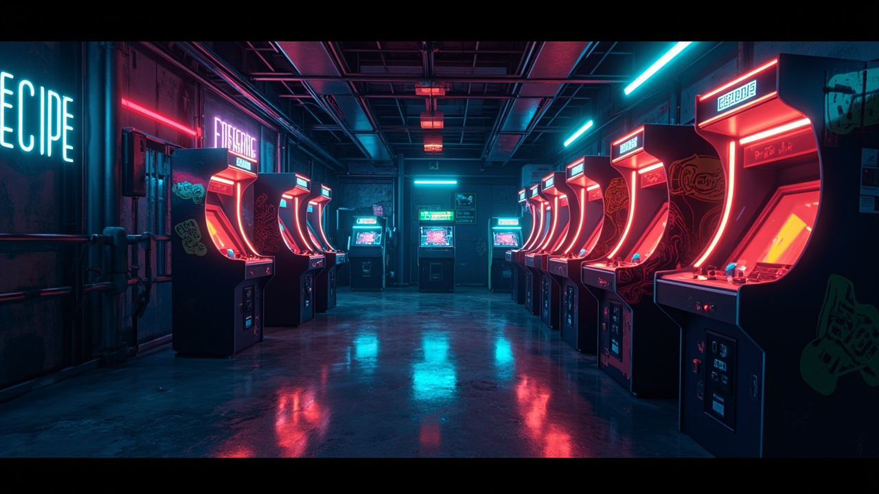 Illustration of a neon-lit retro arcade interior