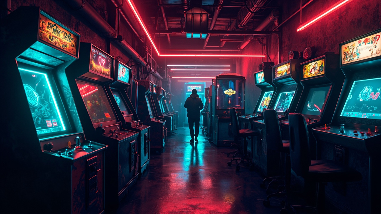 Illustration of a neon-lit retro arcade interior