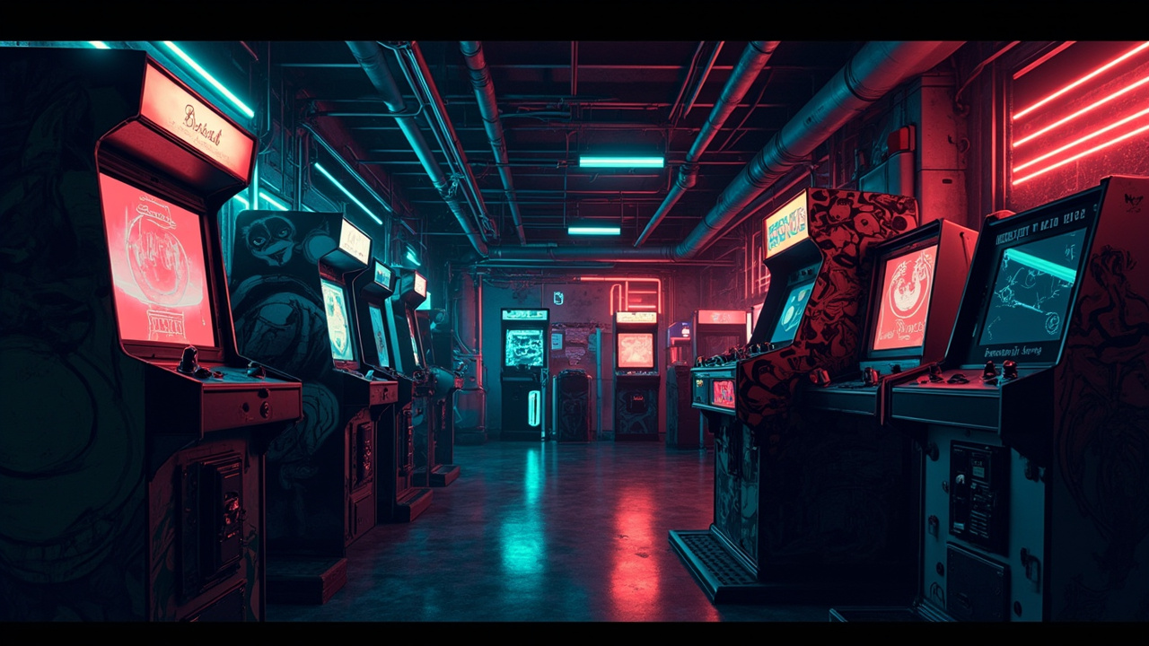 Illustration of a neon-lit retro arcade interior