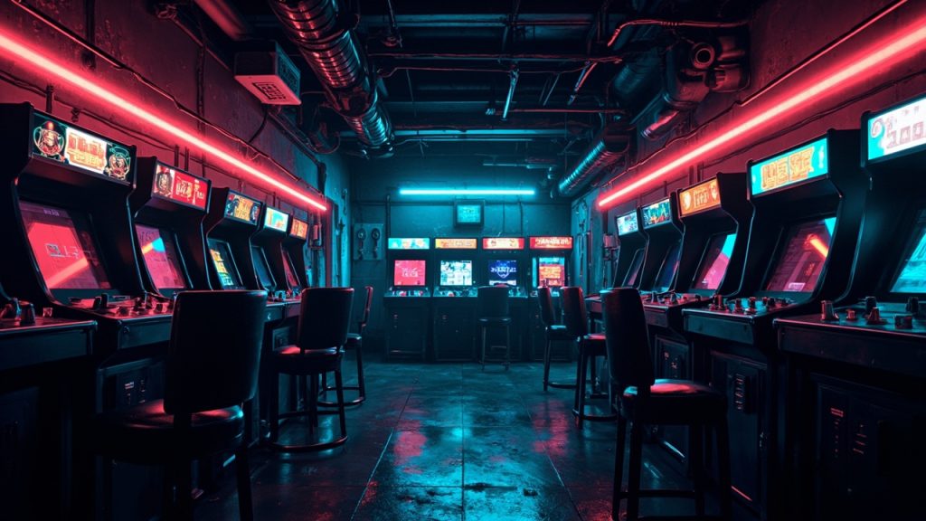 Illustration of a neon-lit retro arcade interior
