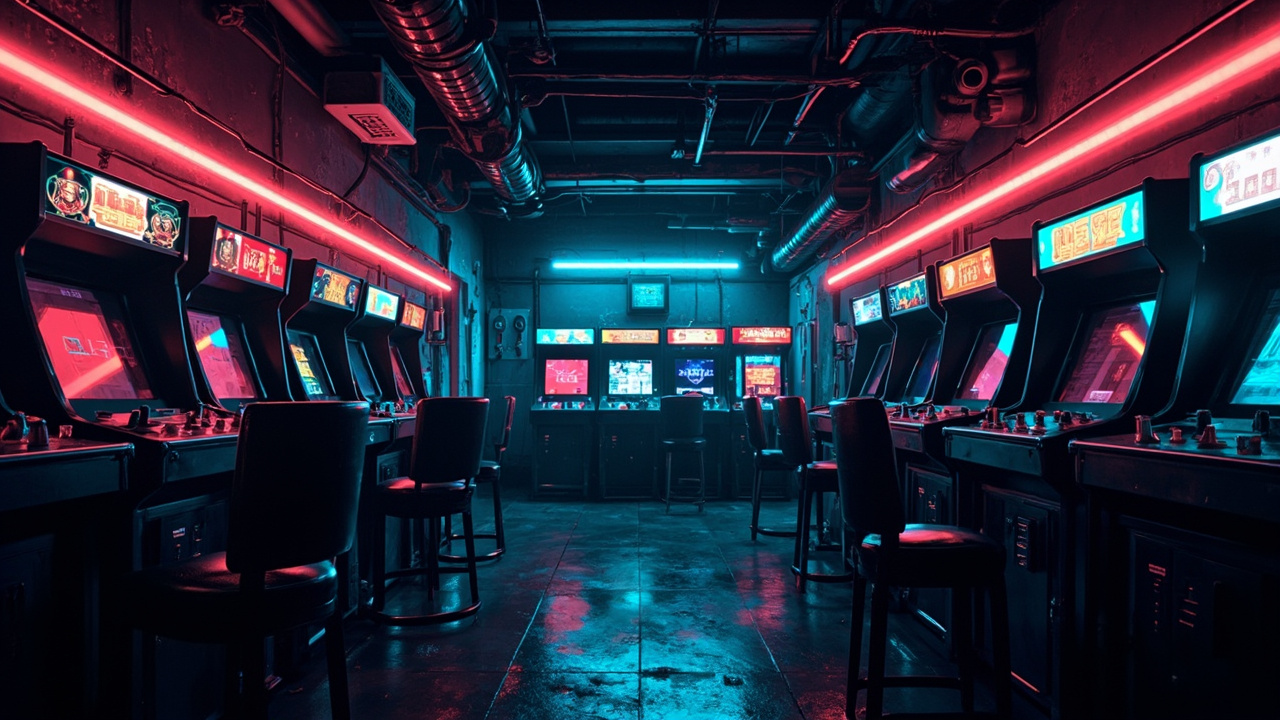 Illustration of a neon-lit retro arcade interior