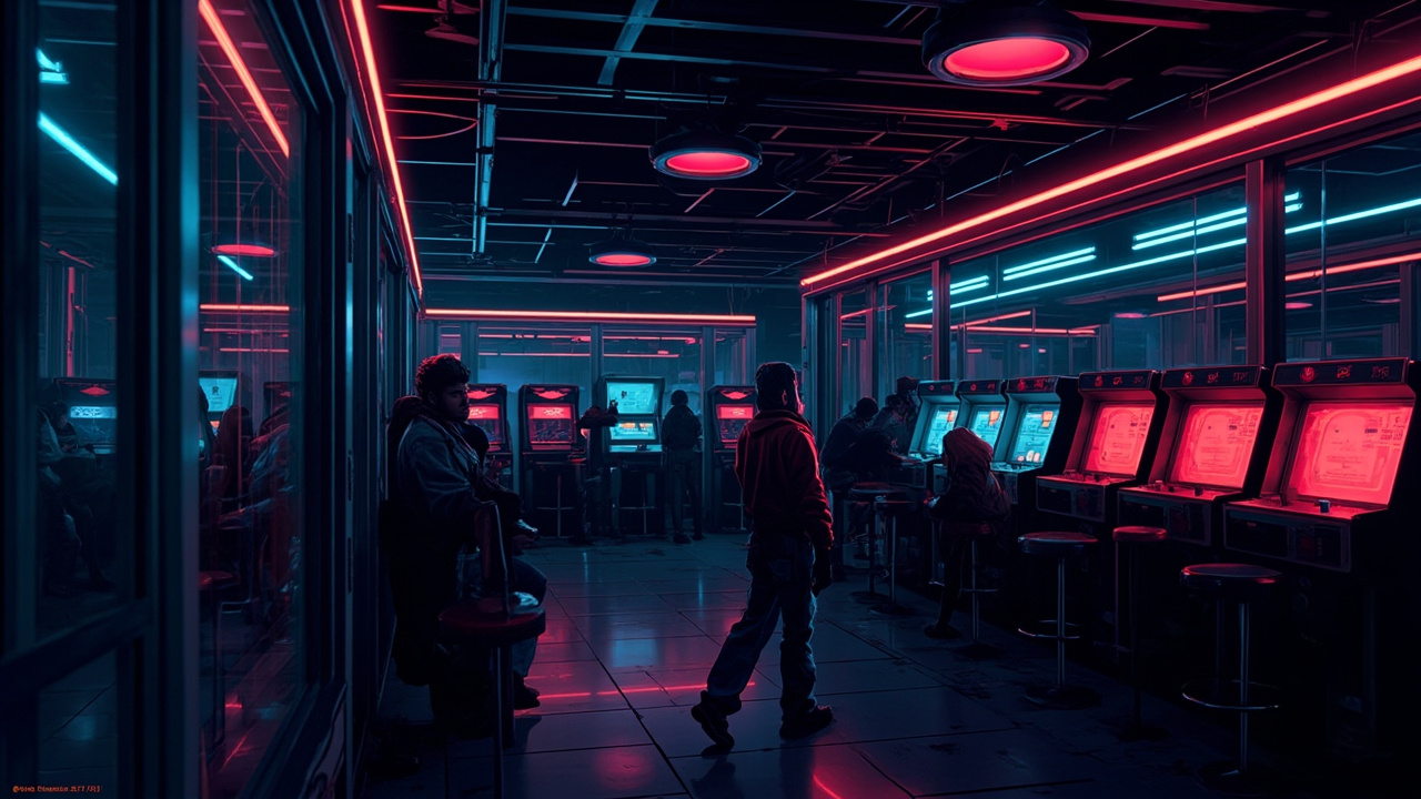 Illustration of a neon-lit retro arcade interior