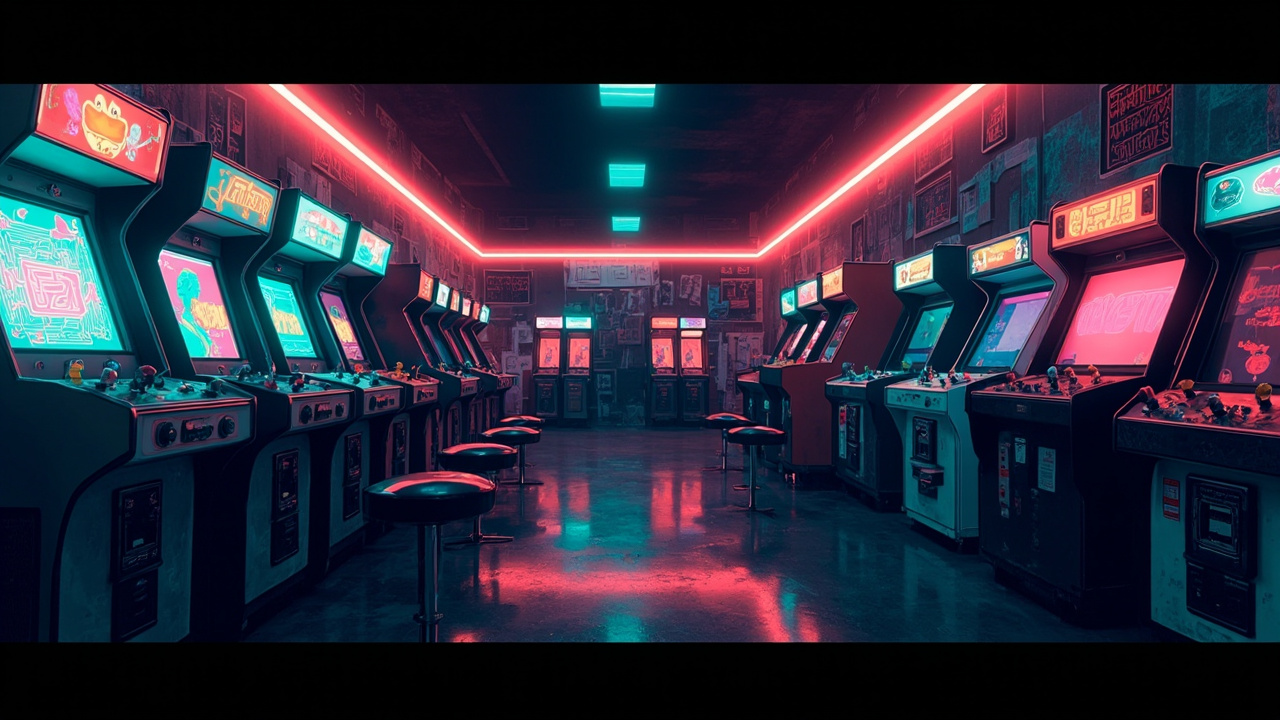 Illustration of a neon-lit retro arcade interior