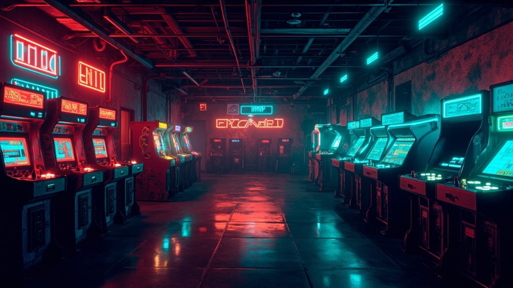 Illustration of a neon-lit retro arcade interior