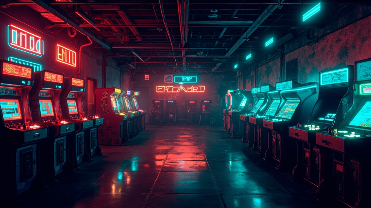 Illustration of a neon-lit retro arcade interior