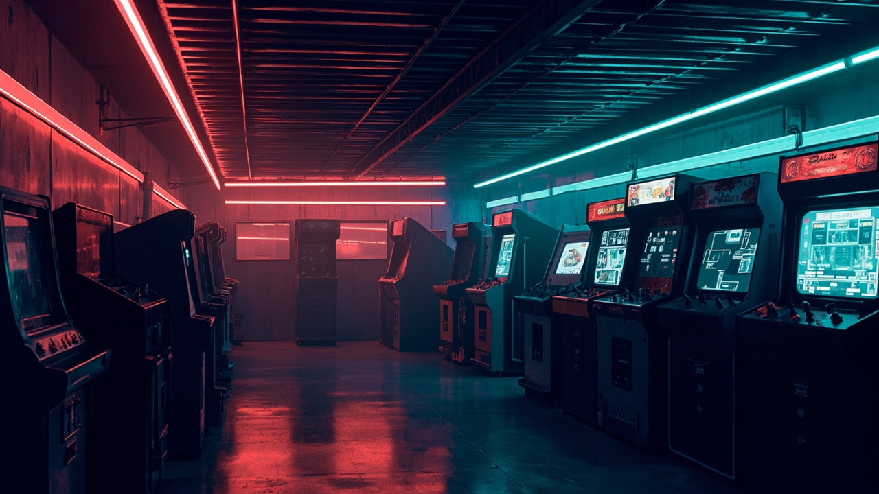 Illustration of a neon-lit retro arcade interior