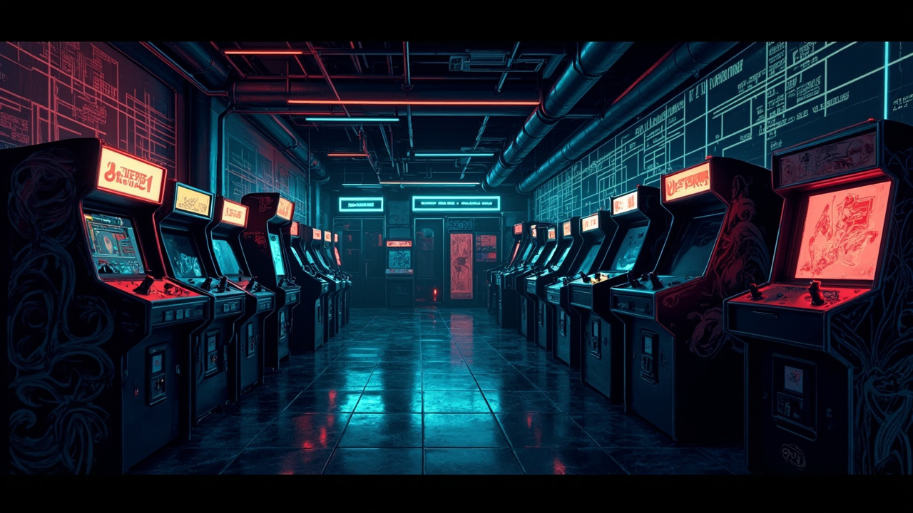 Illustration of a neon-lit retro arcade interior