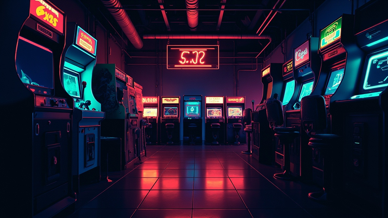Illustration of a neon-lit retro arcade interior