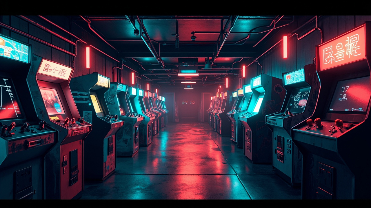 Illustration of a neon-lit retro arcade interior