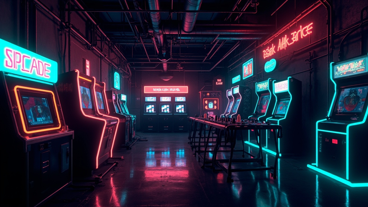 Illustration of a neon-lit retro arcade interior