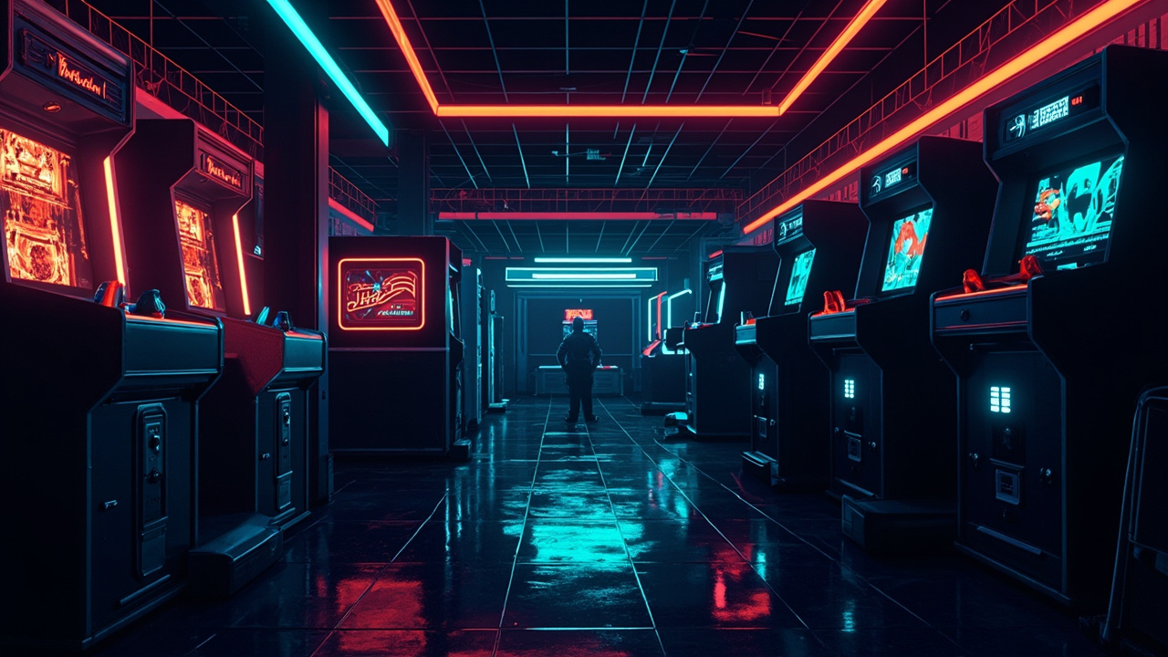 Illustration of a neon-lit retro arcade interior