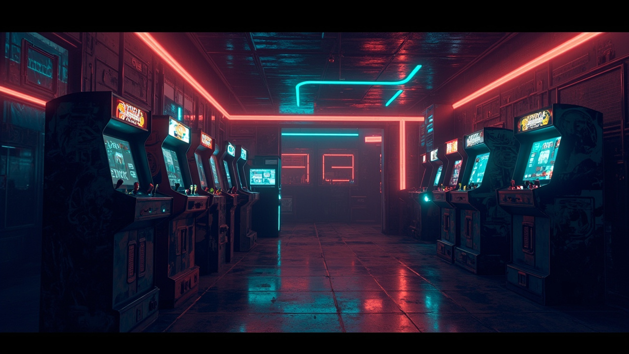 Illustration of a neon-lit retro arcade interior