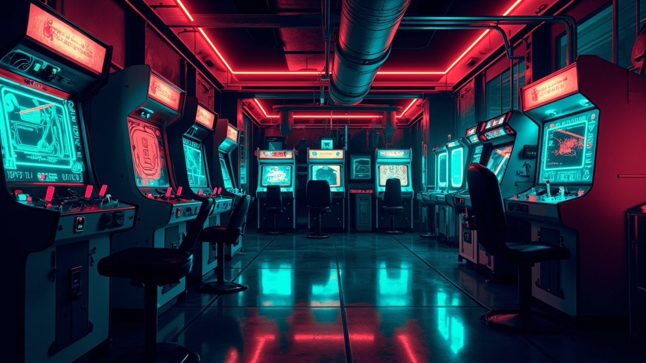 Illustration of a neon-lit retro arcade interior