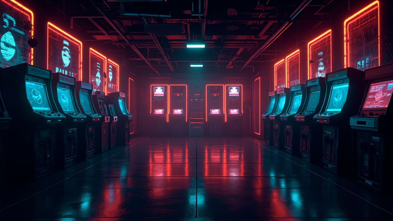 Illustration of a neon-lit retro arcade interior