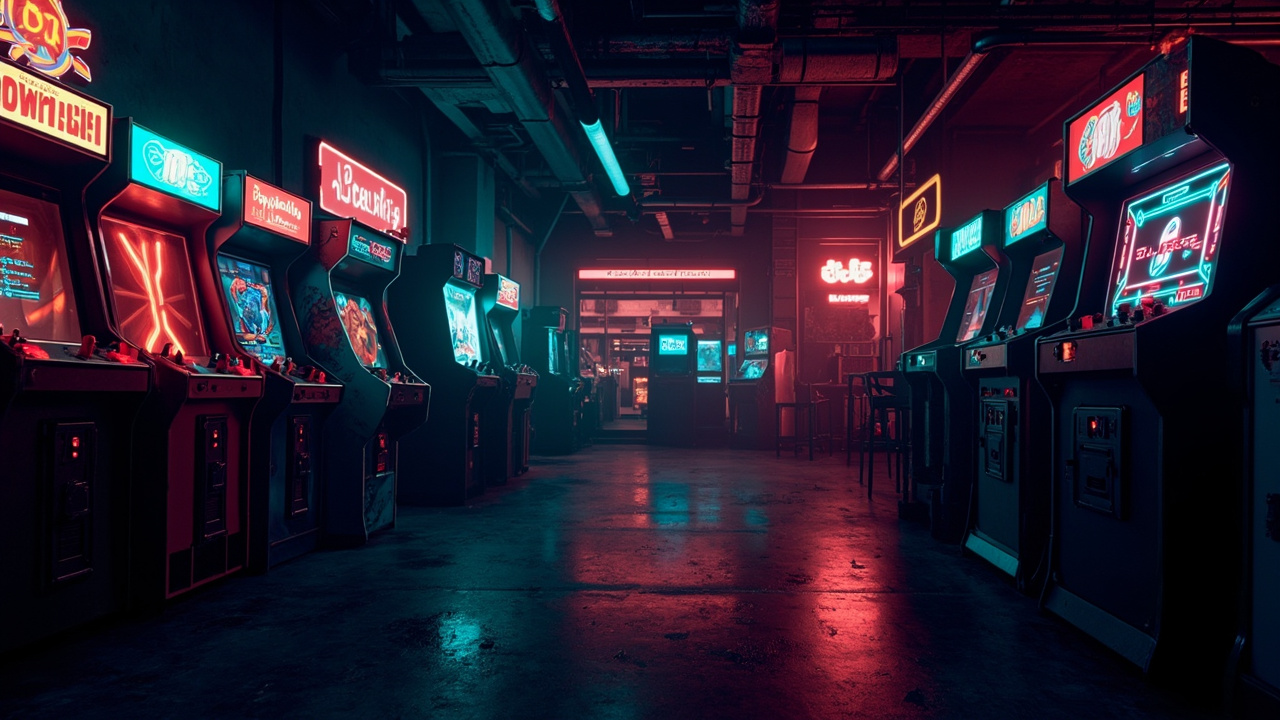 Illustration of a neon-lit retro arcade interior
