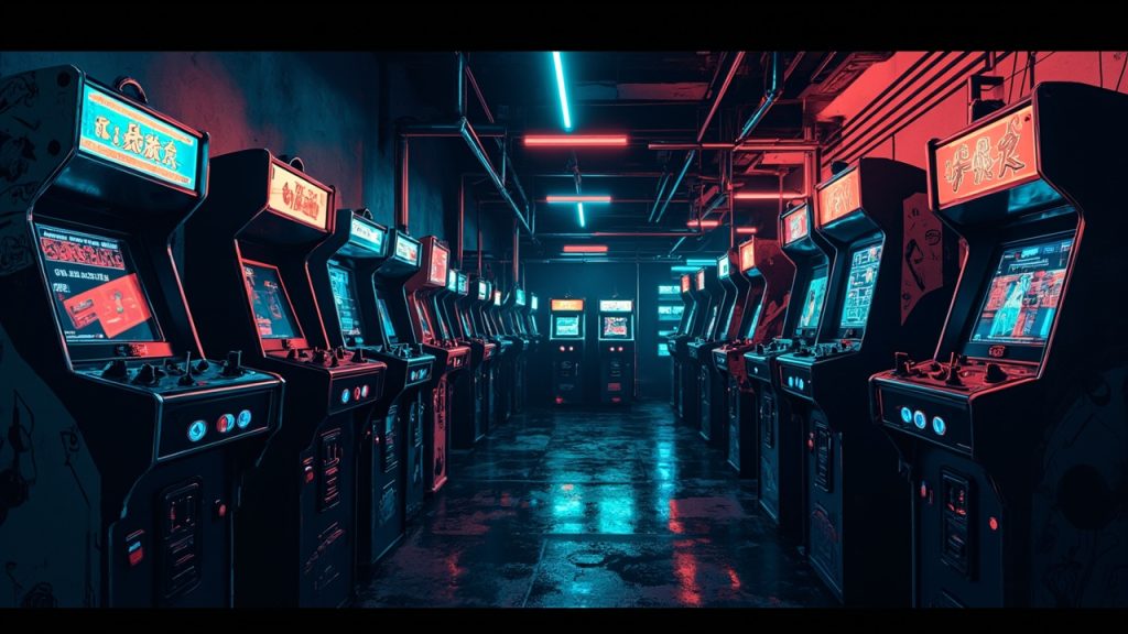 Illustration of a neon-lit retro arcade interior
