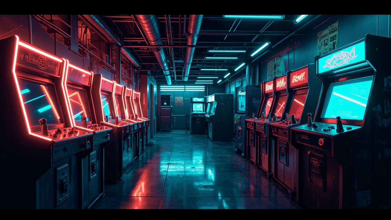 Illustration of a neon-lit retro arcade interior