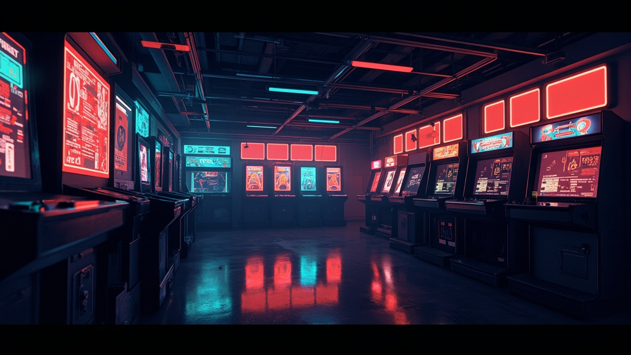Illustration of a neon-lit retro arcade interior