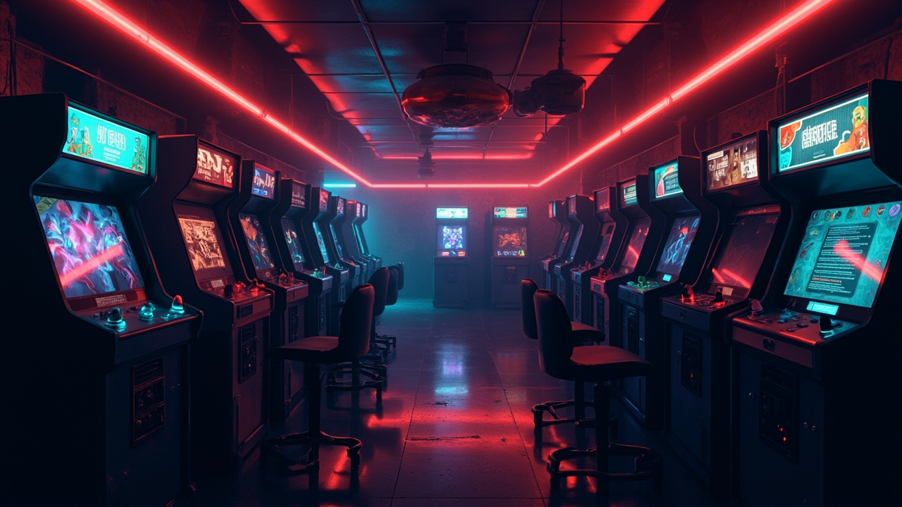 Illustration of a neon-lit retro arcade interior
