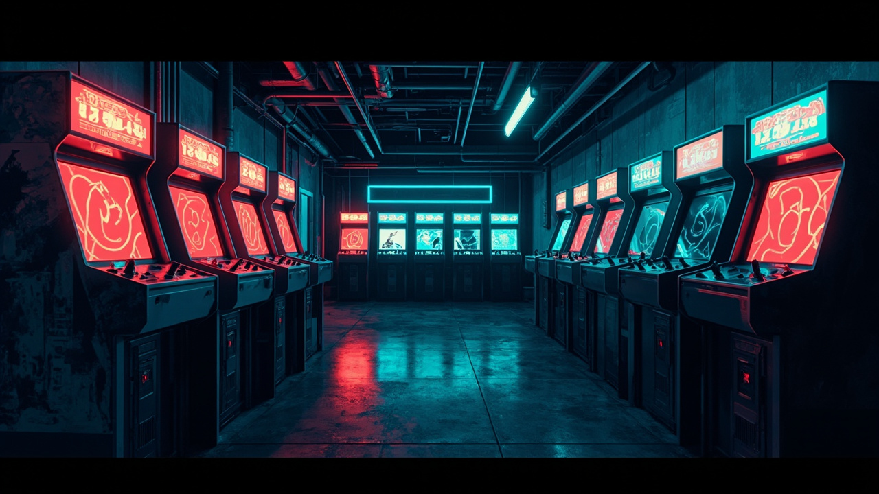 Illustration of a neon-lit retro arcade interior