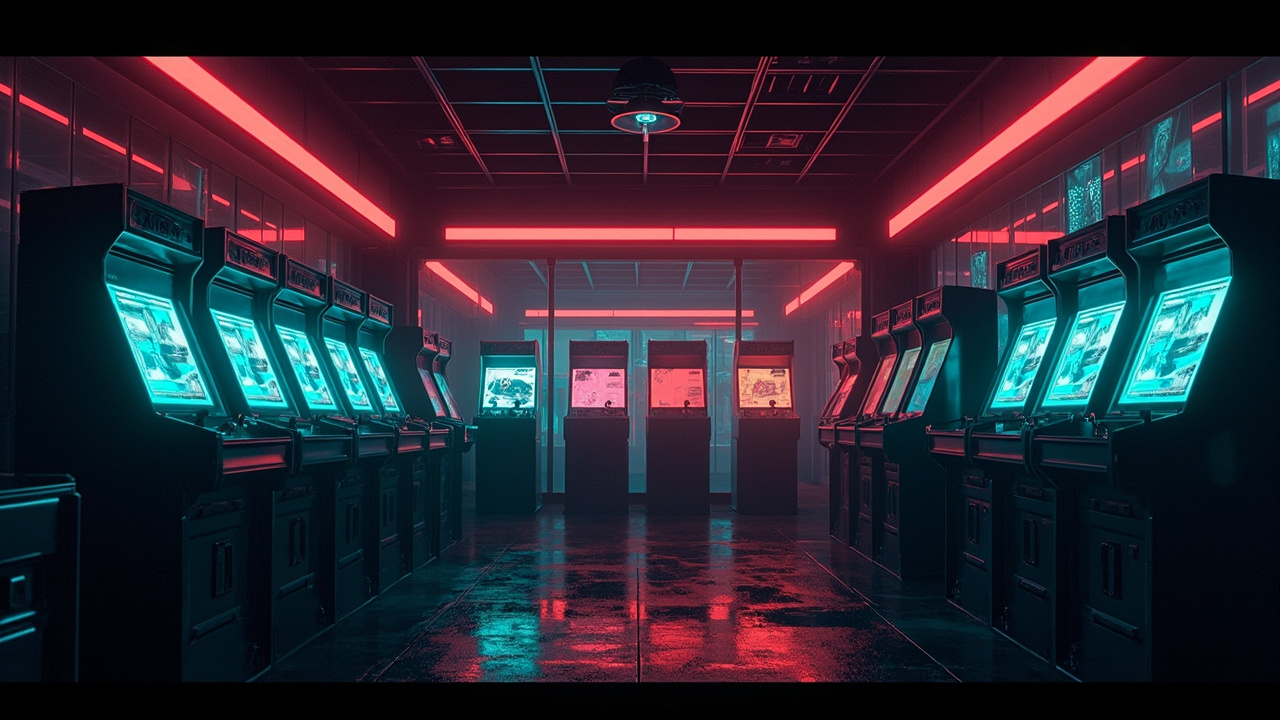 Illustration of a neon-lit retro arcade interior