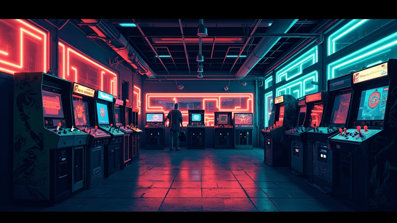 Illustration of a neon-lit retro arcade interior