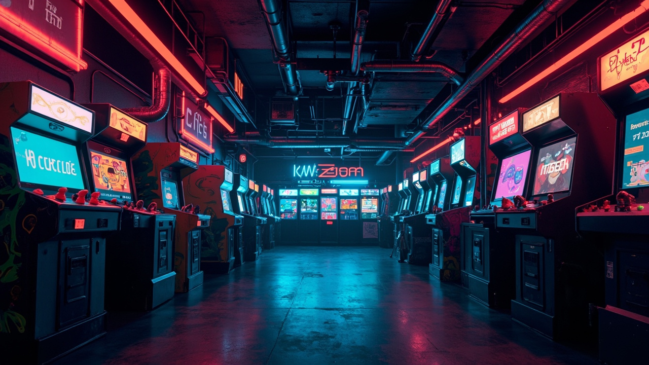 Illustration of a neon-lit retro arcade interior