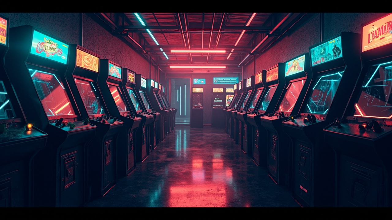 Illustration of a neon-lit retro arcade interior