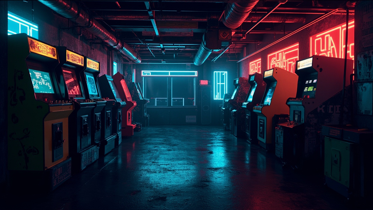 Illustration of a neon-lit retro arcade interior