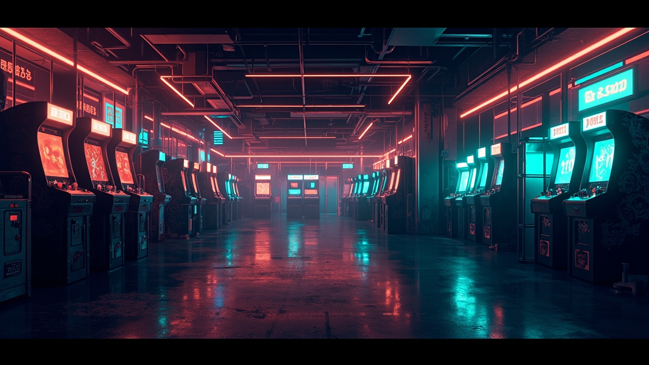 Illustration of a neon-lit retro arcade interior