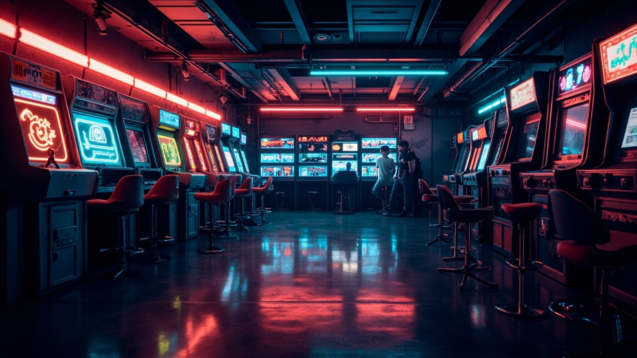 Illustration of a neon-lit retro arcade interior