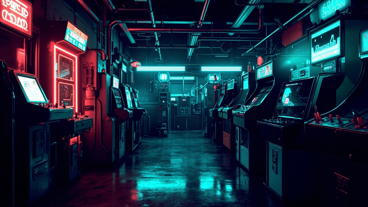 Illustration of a neon-lit retro arcade interior