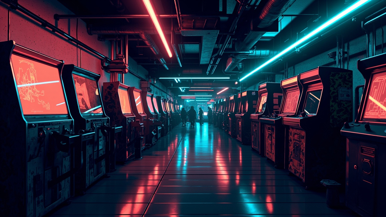 Illustration of a neon-lit retro arcade interior