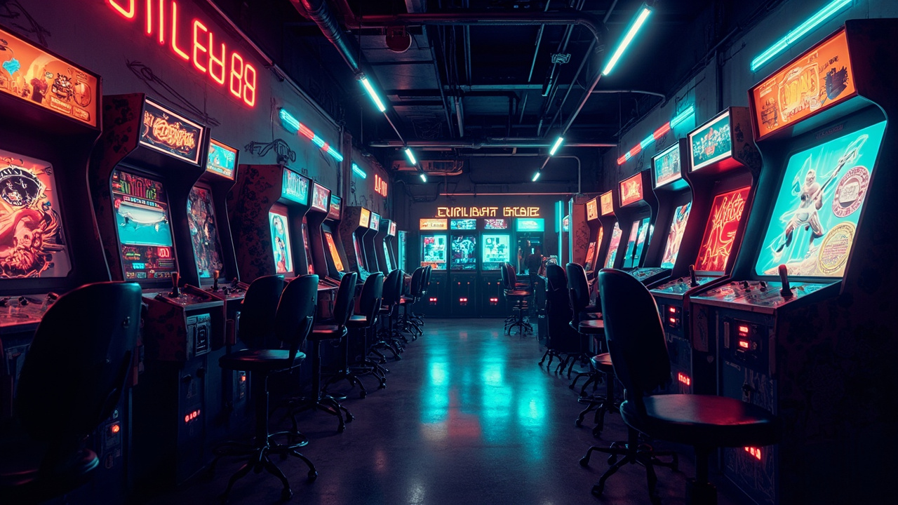 Illustration of a neon-lit retro arcade interior